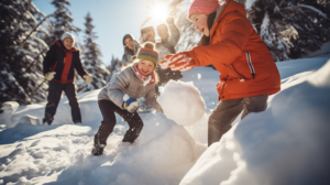 family playing together in the snow and throwing snow