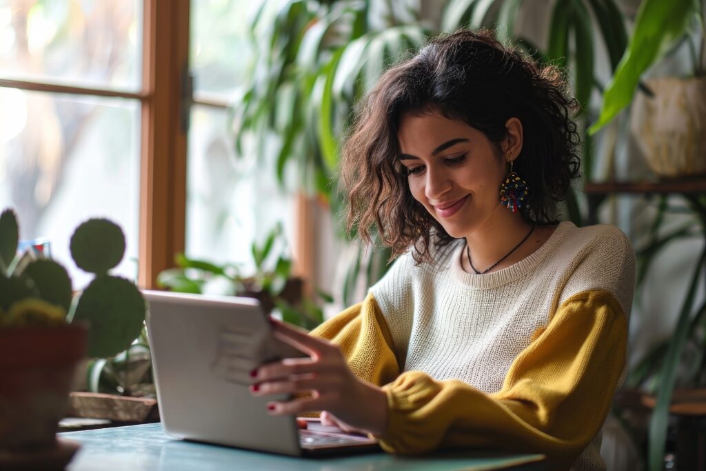 Young woman using a very small laptop and smiling.